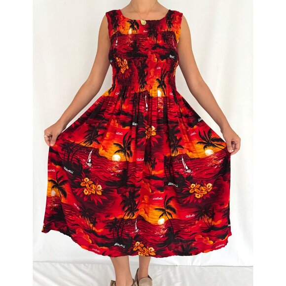 90s vintage red Hawaiian print beach vacation stretchy rayon cover up maxi dress - Picture 3 of 10